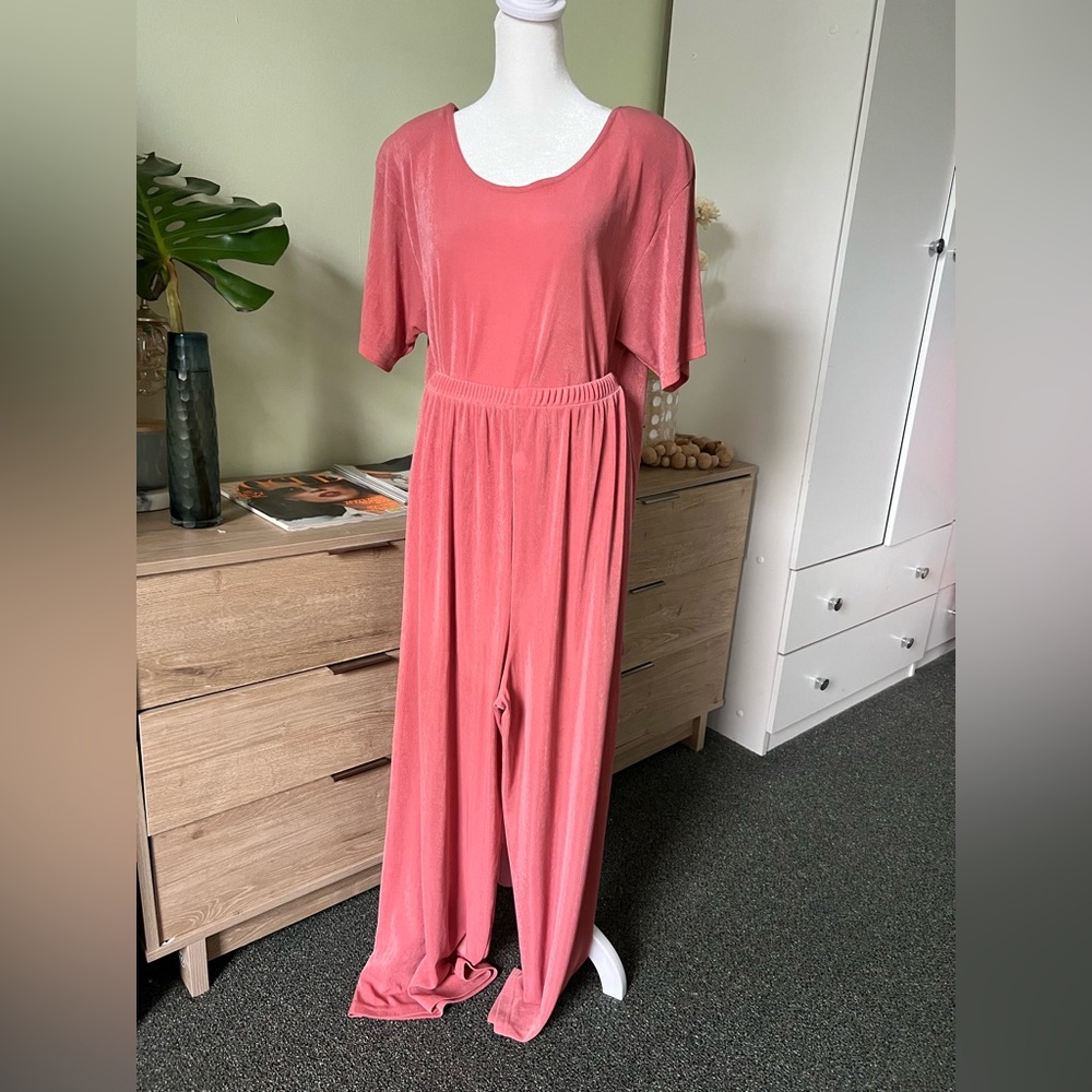Vintage Peach Salmon Shiny Pink Shirt-Sleeve Shirt Stretch Pants Matching Set S